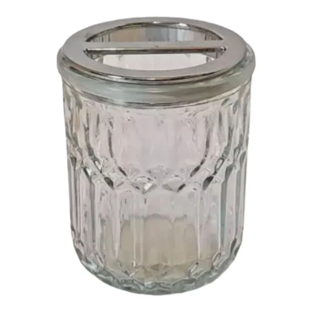 Comfort Bay Decorative Sculpted Glass Toothbrush Holder Removable Silver Lid New
